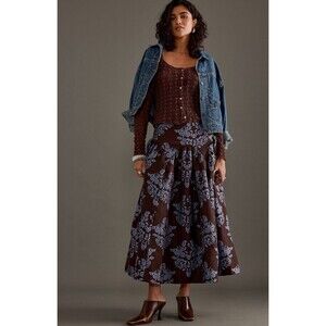 Anthropologie Midi Skirt Women Brown Brocade Preppy Retro Boho Size 12P NWT